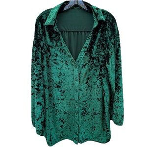 Emerald Green Crushed Velvet V Neck Button‎ Blouse Women L/XL Quiet Luxury Paddy
